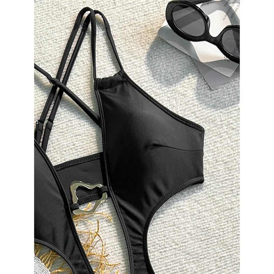 Sexy Badeanzug für Damen mit Metallring-Ausschnitt und Kreuzrücken, einteiliger Badeanzug, hoch geschnittene Beine, Monokini, Badebekleidung, Badeanzug V7566 – Detail 11