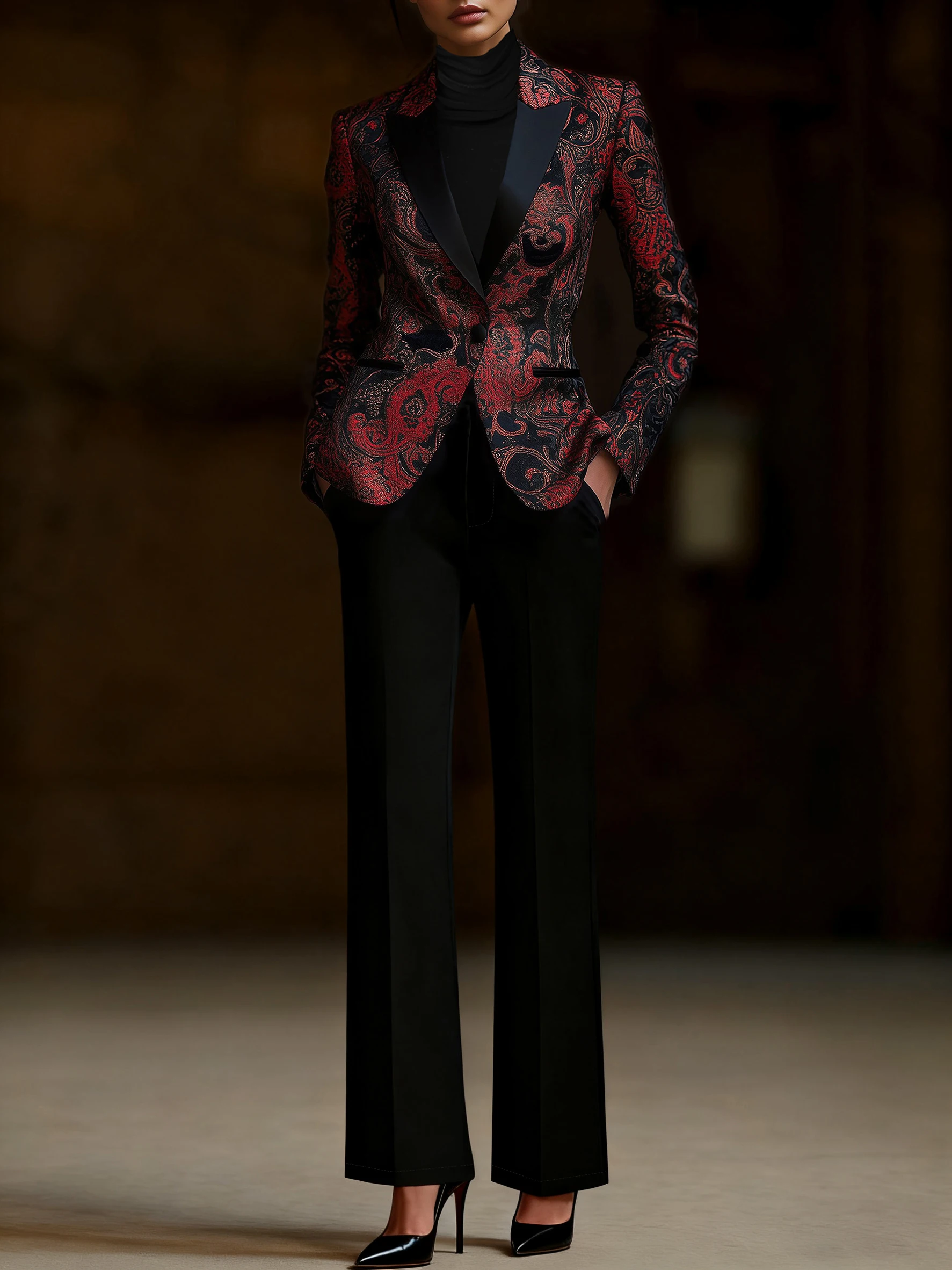 

Women's 2-Piece Suit Set, Paisley Print Exquisite Blazer & Elastic Waist Trousers Set with Pockets, All Seasons Casual Suit