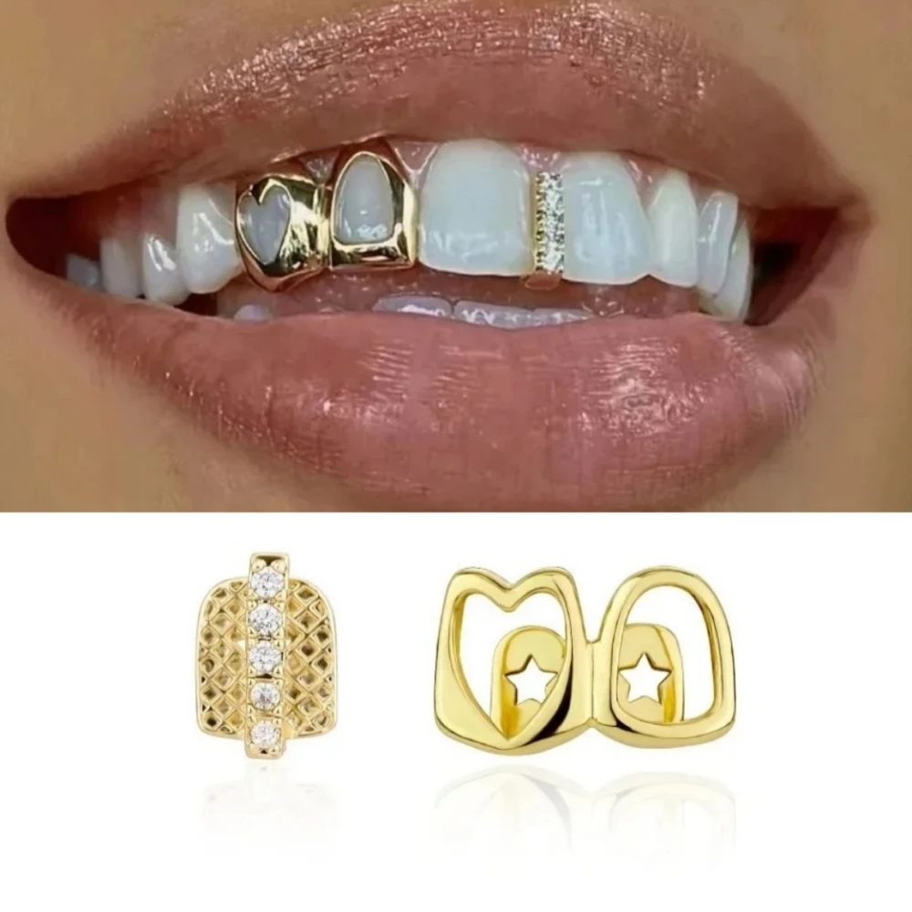 Juego de Joyería Dental Golden Grillz, Incrustaciones de Cobre y Zirconia, Corazón Hueco, Estilo Hip Hop, para Uso Diario, Regalo de San Valentín para Hombres y Mujeres