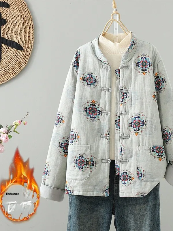 

Retro Chinese Sle Thiened Cotton Jaet Women's Winter Long Sve Button up Cotton Padded Coat Traditional Chinese Sle