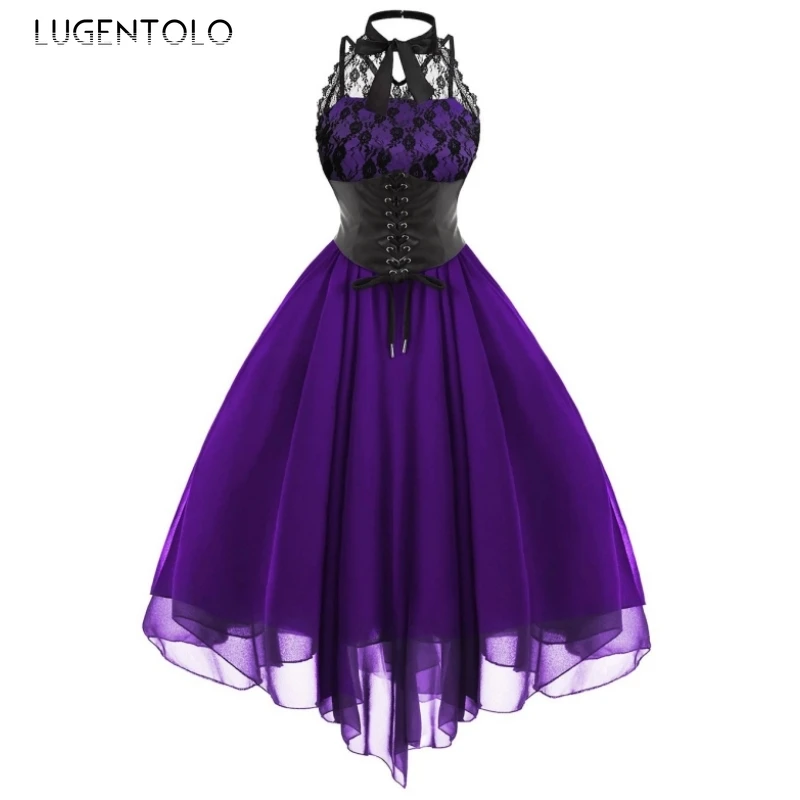 

Lugentolo Women Vintage Corset Dress Backless Bandage Personalized Chiffon Lady Slim High Waist Bow Big Swing Princess Dress