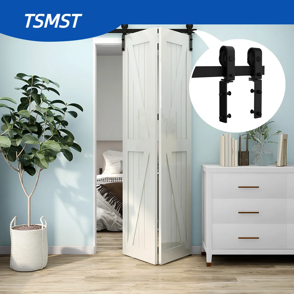 

TSMST 3-6.6FT Bi-Folding Sliding Barn Door Hardware Kit Heavy Duty Roller Track Kit for 2 Doors Smoothly Quietly Easy to Install