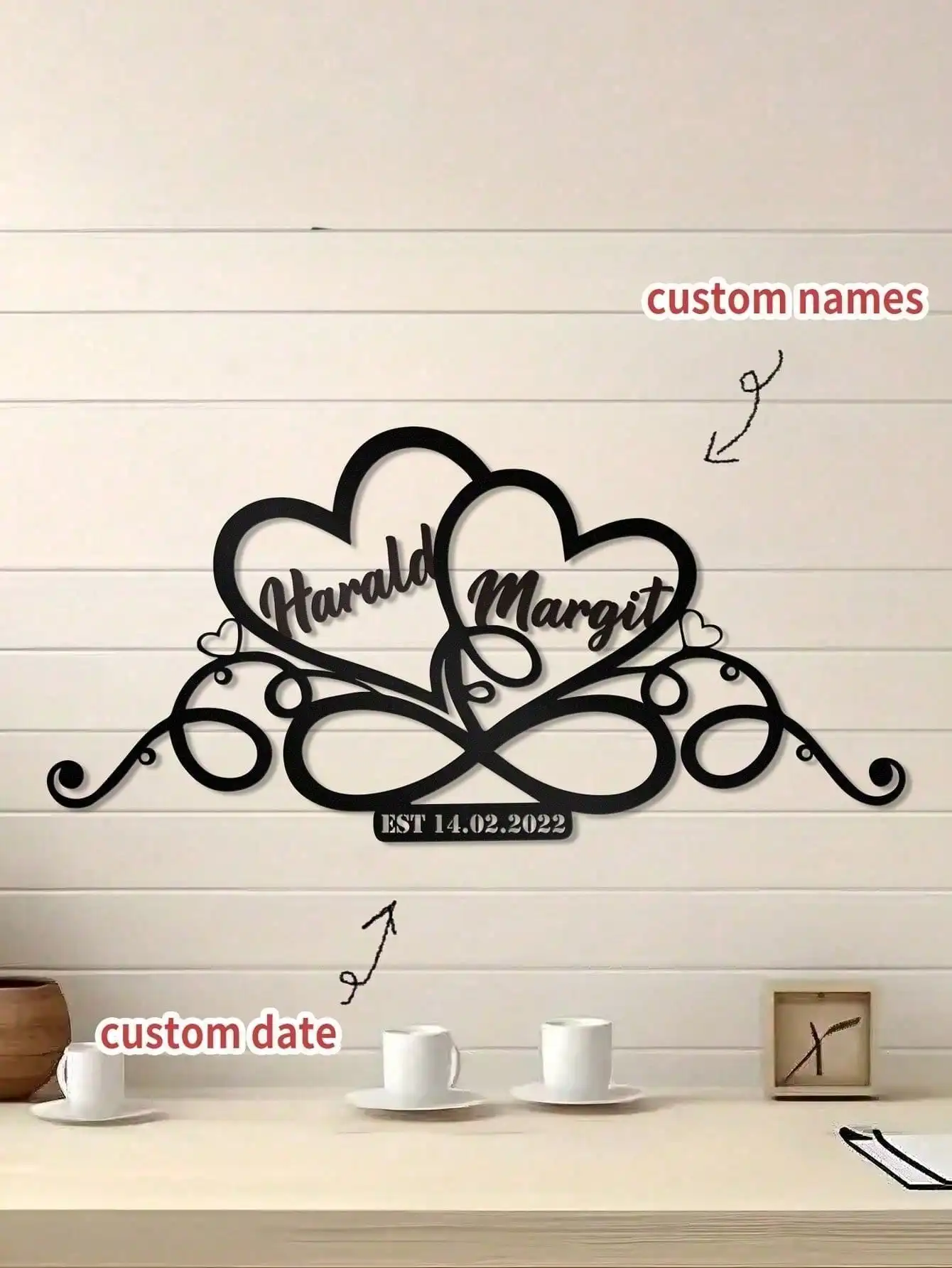 

Black Metal Infinity Heart Wall Hanger Custom Text Couples Wedding Gift