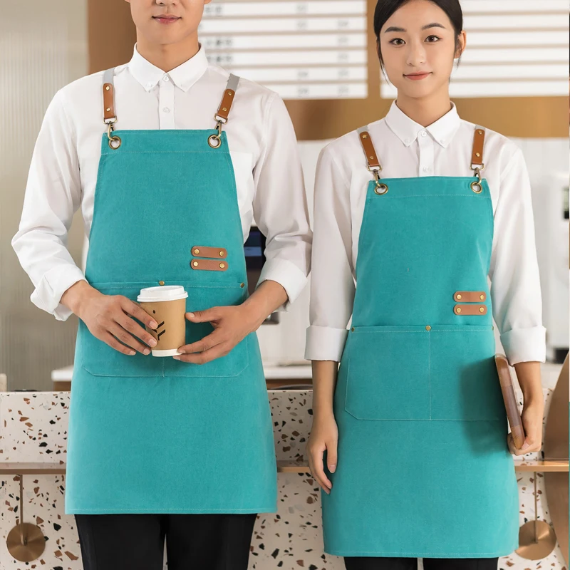 Personalized Adjustable Cross Back Apron Thick 50% Cotton Apron for Cake Shop, Coffee Shop Florist Bib Apron with Pockets view 2