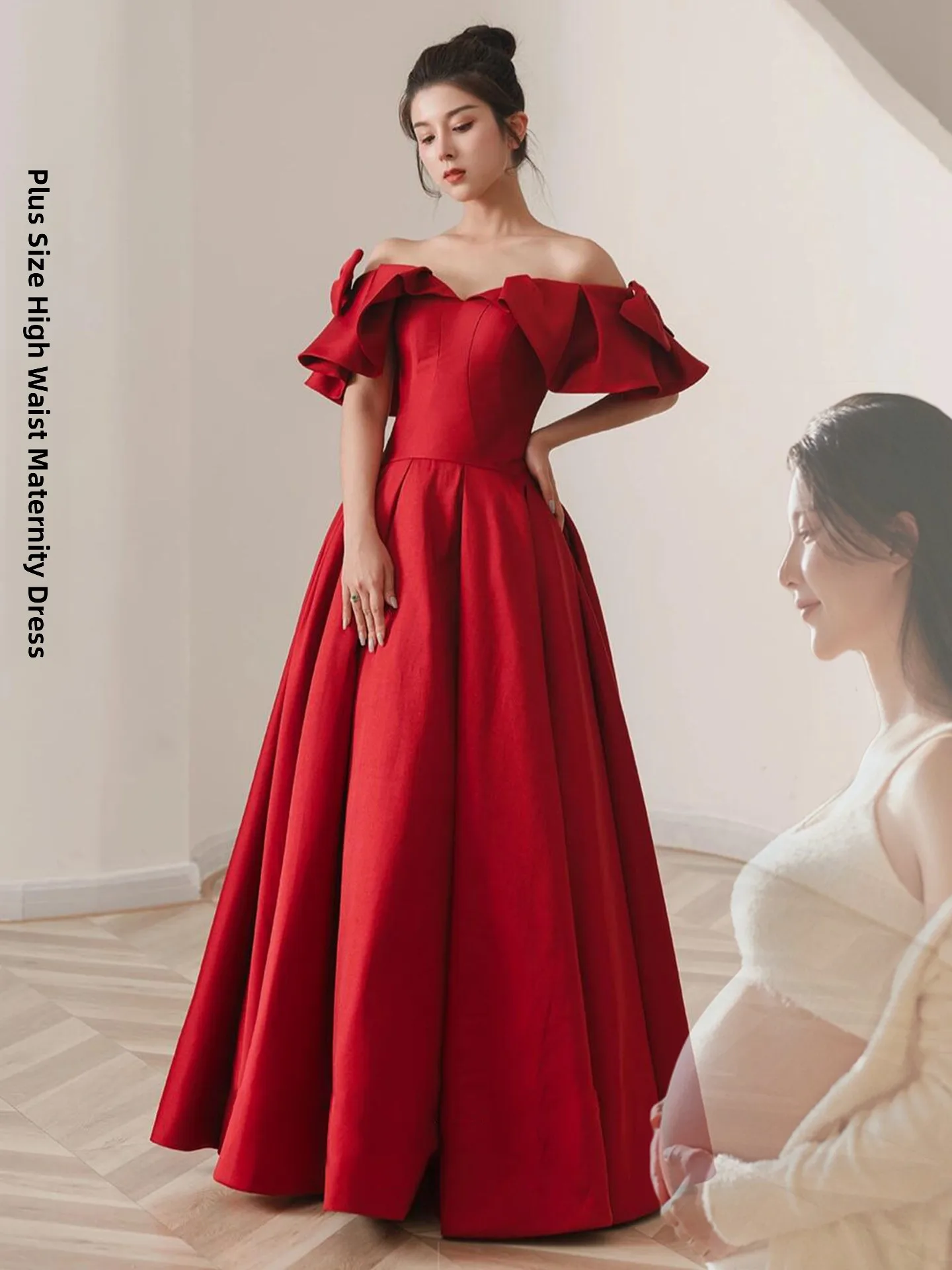 

Red One-oulder Wedding Dr Ele High Waist Long Skirt for Engagement Return Home Ceremony Materni Belly Cover up