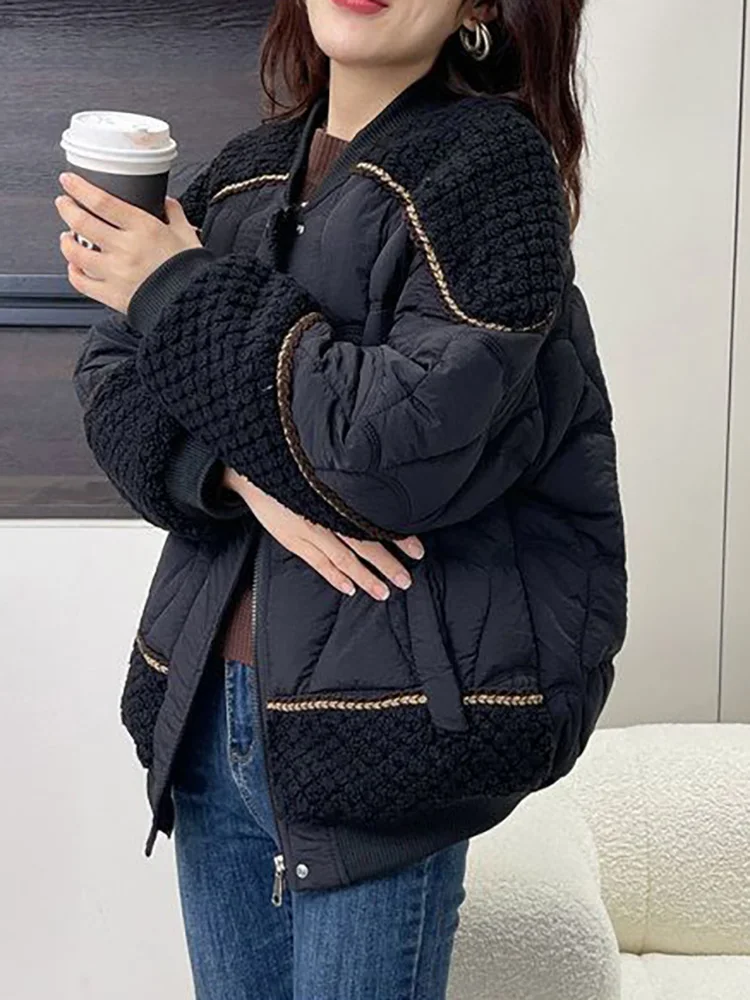 패션 스플라이싱 두꺼운 코트 재킷 스탠드 칼라 배기핏 지퍼 따뜻한 패치워크 여성 캐주얼 루즈 탑스 자켓