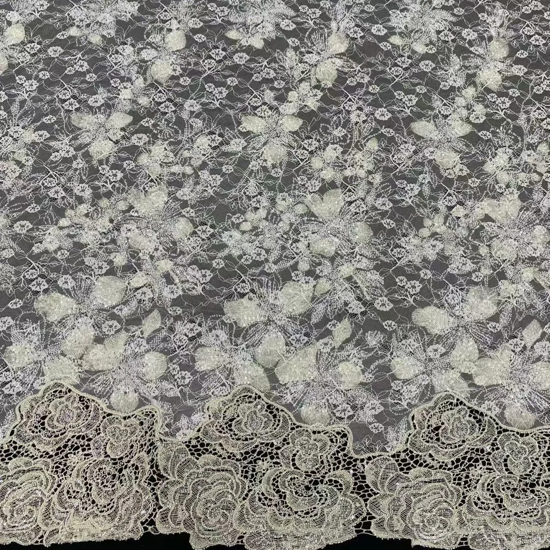 Lastest African French Floral Embroidery Lace Fabric Trim Sequins Beads Mesh Tulle Lace for Wedding Party Dress Nigerian Sewing