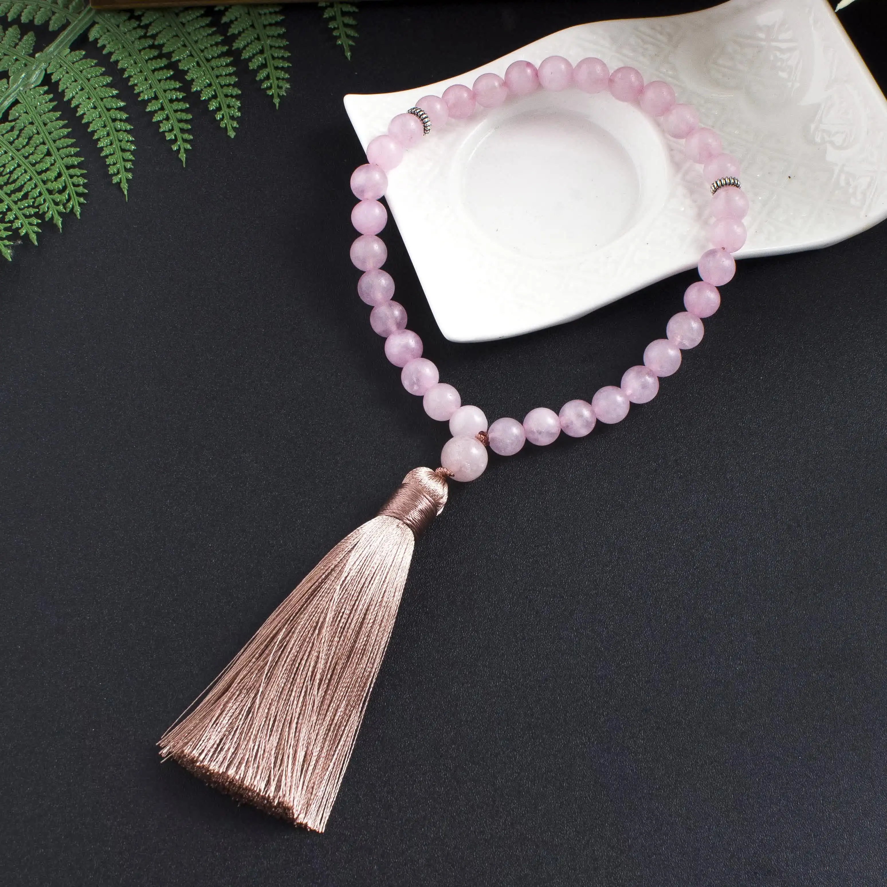 Pulsera Tasbih Islámica Musulmana de Cuarzo Rosa de 8mm con 33 Cuentas, Borla de Bendición, Rosario, Joyería de Piedra Semipreciosa Natural para Hombres y Mujeres