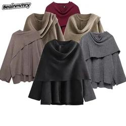 Abrigo de lana con cuello de capa empalmado para mujer, chaqueta informal de manga larga, holgada y elegante, ropa de abrigo femenina a la moda para otoño, novedad de 2024