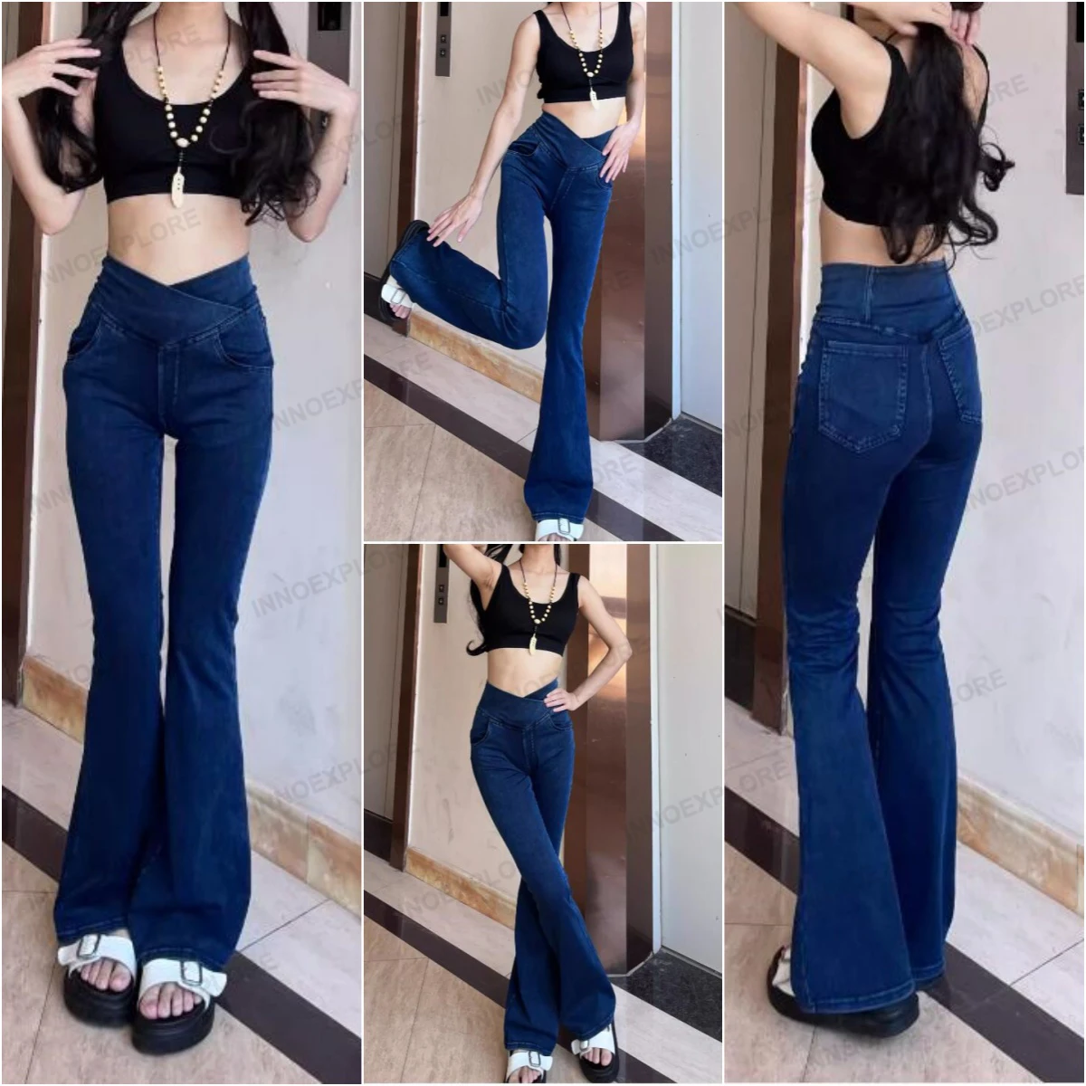 Women Yoga Flared Pants Casual Bell Bottom Trousers V Cross High Waist Gym Fitness Denim Jeans Elastic Butt Lifting Sport Pants