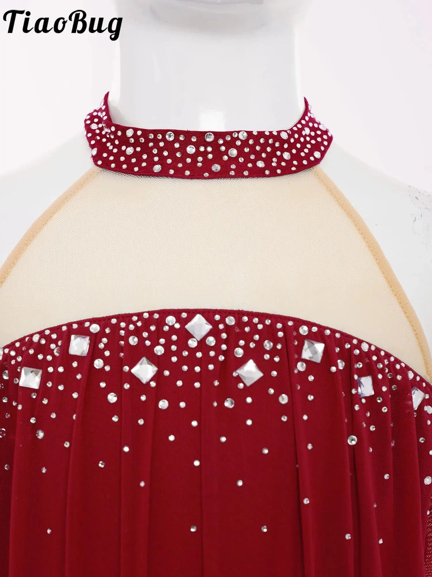 

Girls Ballet Leotard Dress for Lyrical Jazz Latin Dance Stage Costume Rhinestones Ruched Mesh Figure Skating Dress Dancewear
