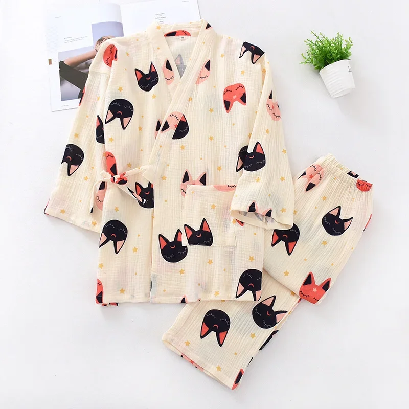 Camisola de quimono de algodão estampado bonito feminino, pijama feminino, roupa de dormir, roupa doméstica, lingerie de verão, roupão, roupas domésticas, 2 peças