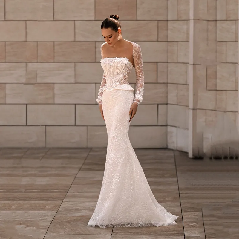 

Exquisite Mermaid Beaded Wedding Dress Long Sleeves Sexy Strapless Pleat Lace Appliques Backless with Lace Up Customized 2025