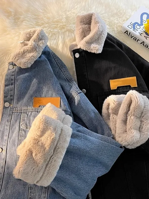 الشتاء Thiened Fce اصطف عادية فضفاضة تناسب فرو الضأن الدافئة القطن الدنيم Jaet للرجال العلامة التجارية العصرية بدوره إلى أسفل طوق معطف