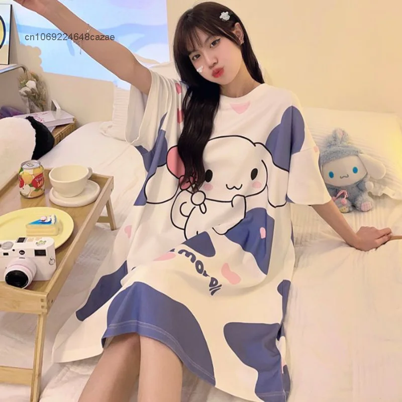 Sanrio Kuromi Cotton Nightgown Summer Women Cartoon Cute Round Neck Short Sleeve Y2k Medium Length Casual Tshirts Home Clothes