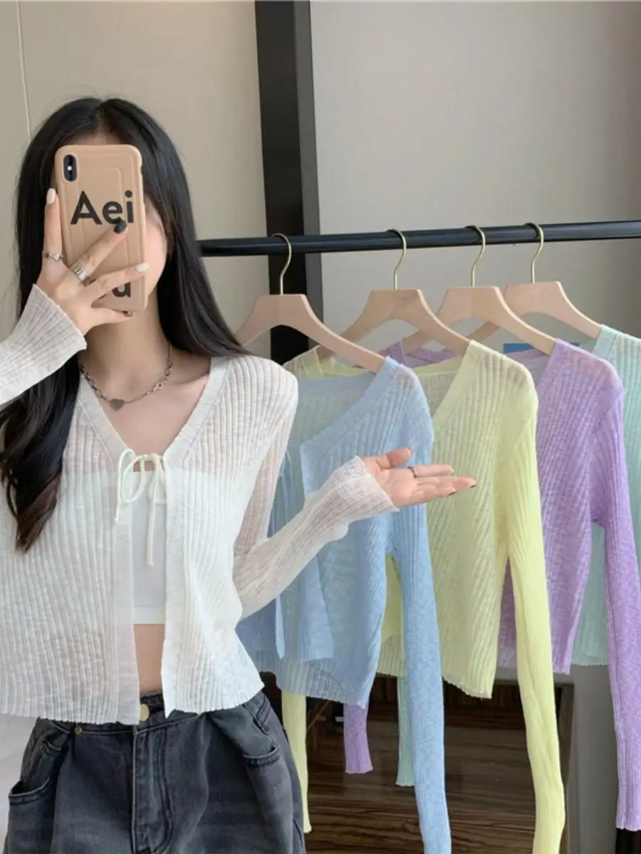 

Women's Summer Thin Ice Silk Knitted Small Open Cardigan Unique Design Top with Belt Long Sve Commute Sle Color