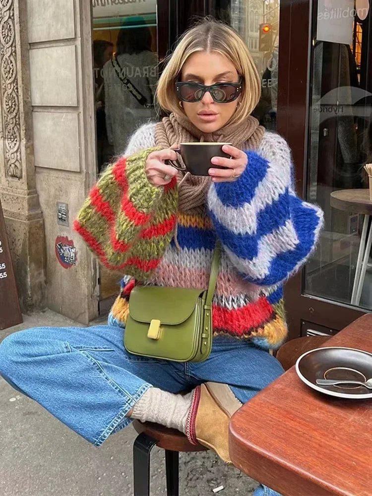 HOUZHOU Colorful Striped Oversized Sweater Women Elegant Mohair Jumpers O-neck Long Puff Sleeves Knitted Pullover Streetwear