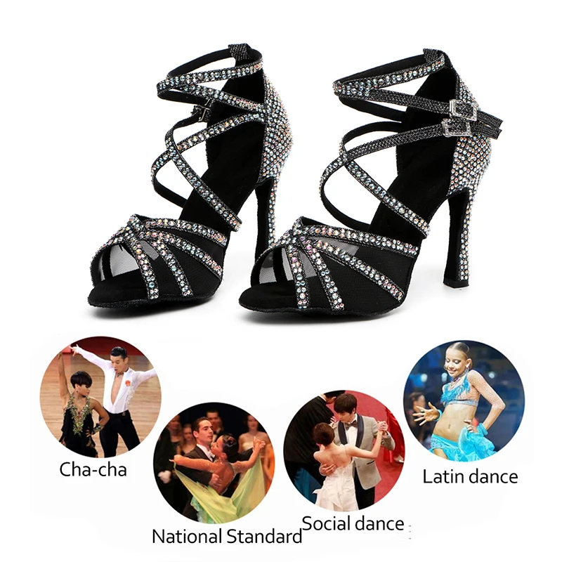 SWDZM Women Latin Dance Shoes Shining Dancing Shoes Rhinestones Ballroom Latin Shoes Woman Girls Salsa Sandals Shoes Heel 6-10cm