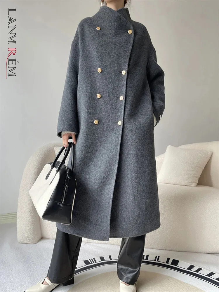 

[LANMREM] Fashion Double Breasted Woolen Coat For Women Stand Neck Office Lady Warm Outwear Female 2024 Winter New 26C669
