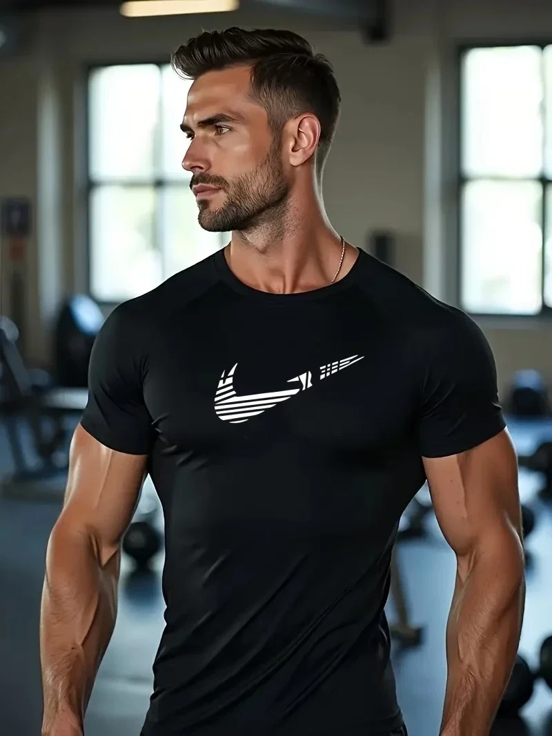 

Мужская компрессионная футболка для бега с принтом, облегающая, с коротким рукавом, для тренировок, джоггинга, спортивная одежда для зала, быстросохнущая, рашгард