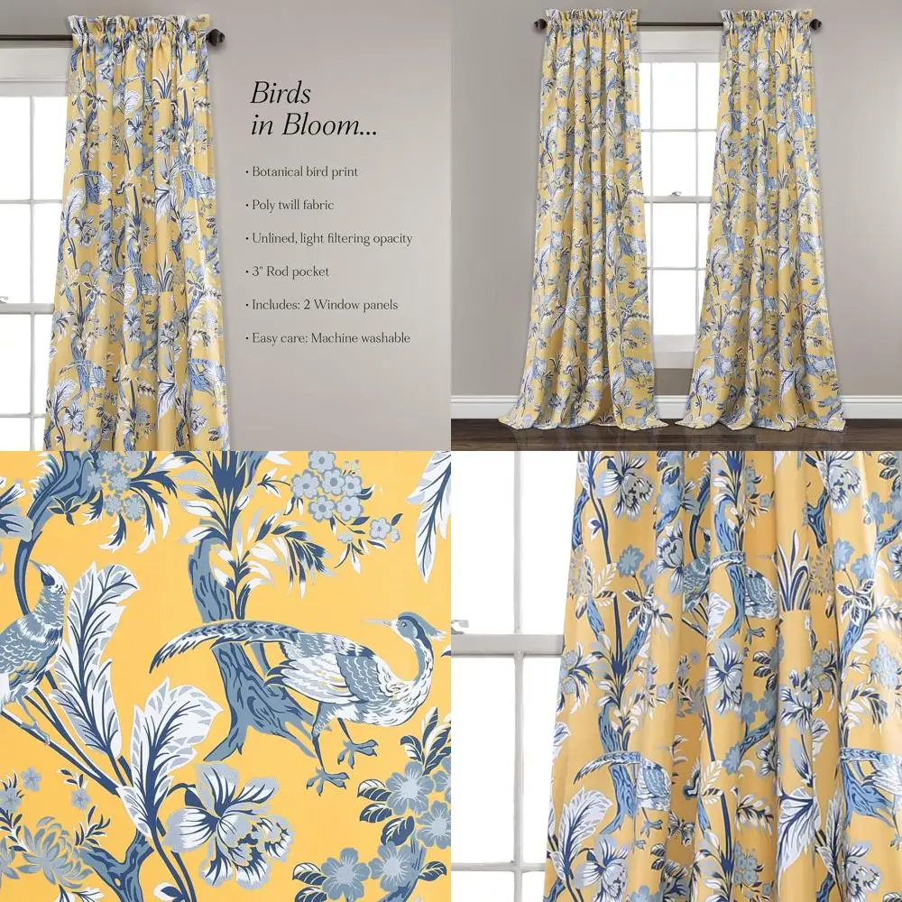 Paar 52x108 gele bloemen vintage lichtfiltergordijnen voor slaapkamer - decor in coquette-stijl