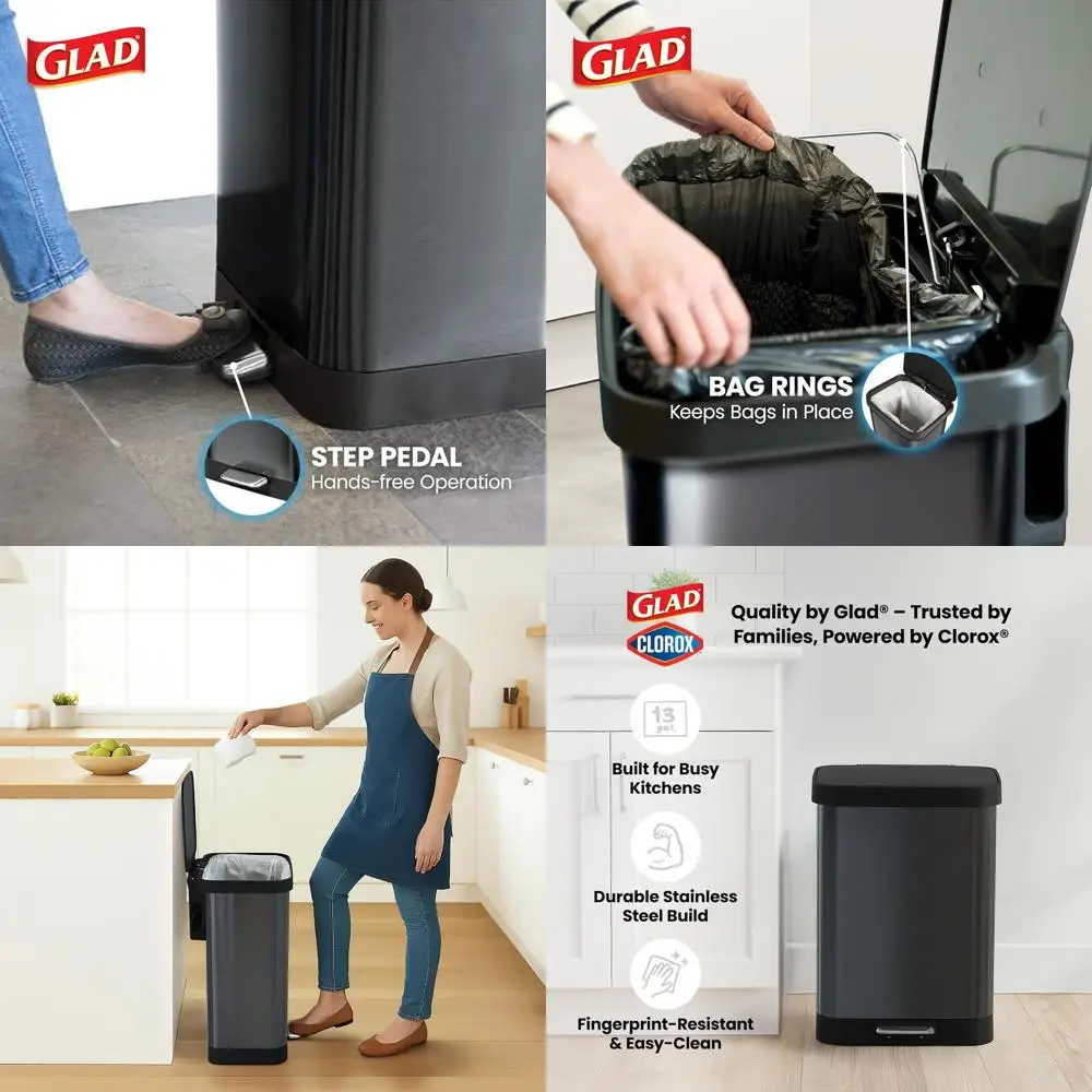

Large 13-Gallon Step Trash Can with Odor Control, Soft-Close Lid, Foot Pedal, and Waste Bag Holder for Indoor Use