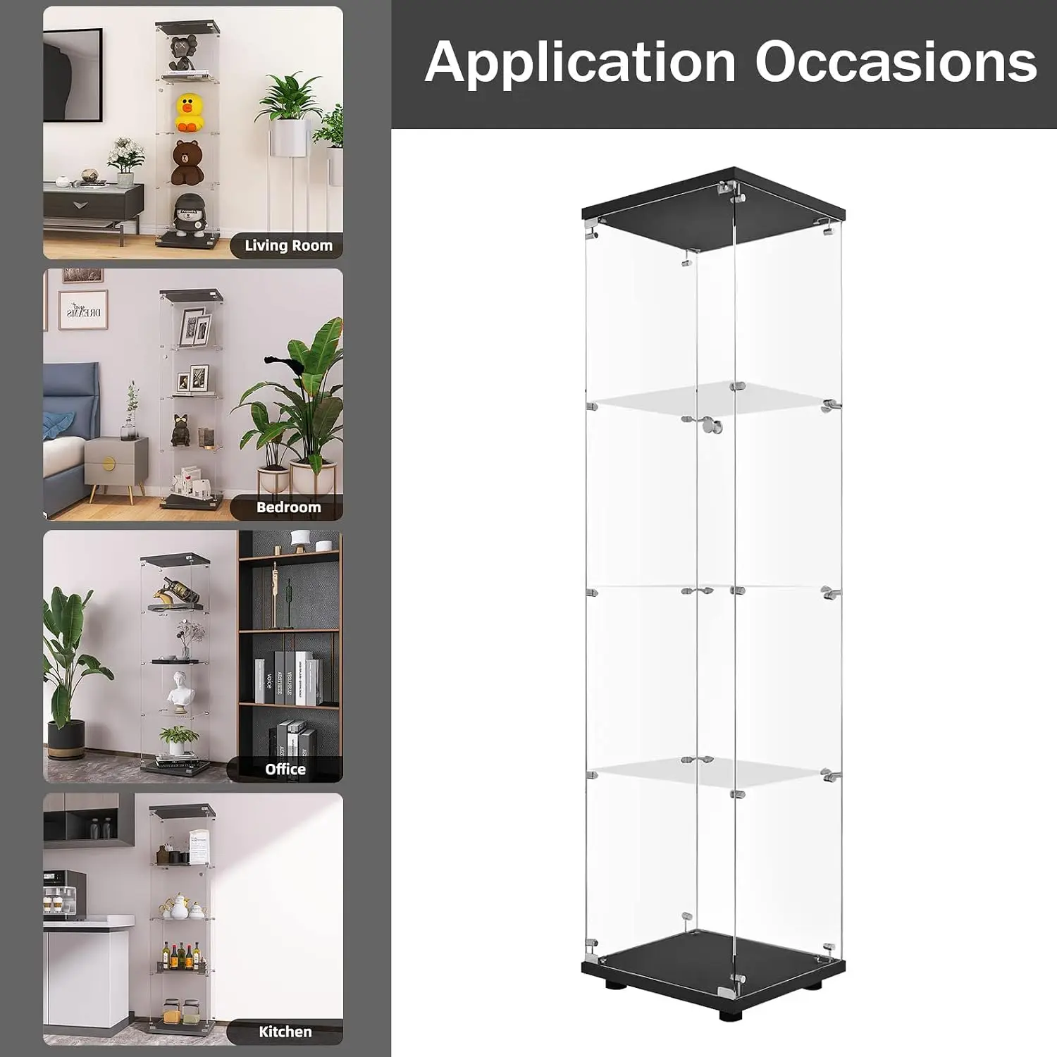 Glass Display Cabinet With Lock 4 Tier Single Door Tempered Glass Display Case Curio Cabinet Showcase Shelf Organizer For Collectibles Figures Decor Books Living Room Bedroom Office, Black view 5