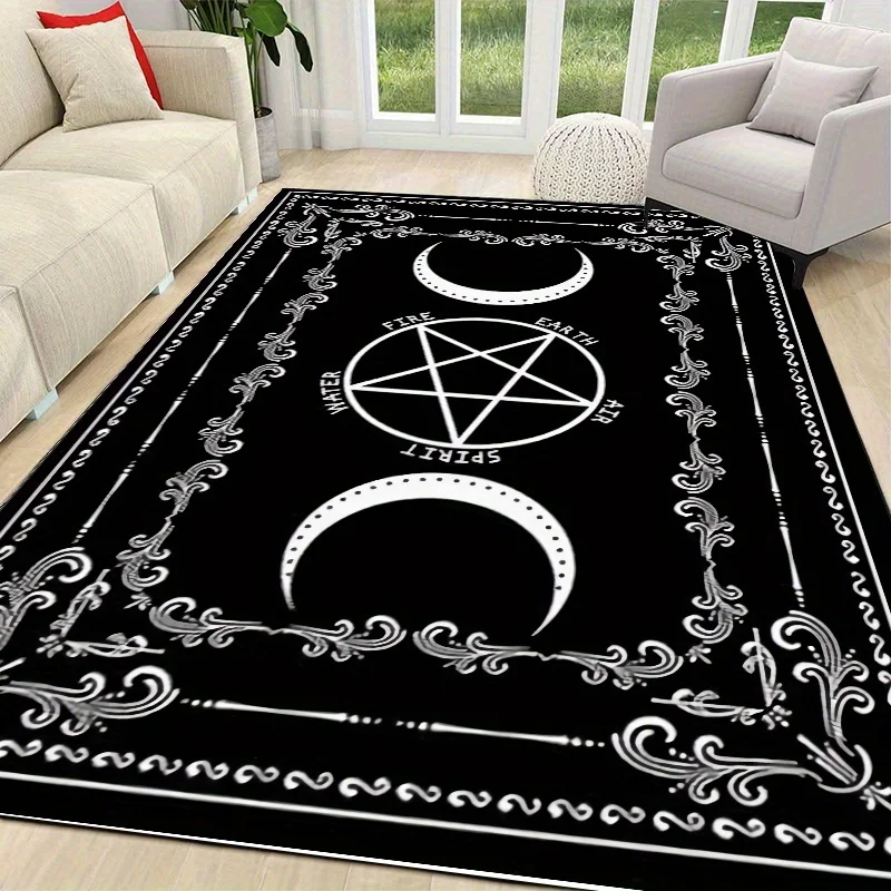 2D Flat Triple Moon Pentagram Occult Pattern Rug, Non‑Slip Washable Mat for Living Room Bedroom Hallway Indoor Decor