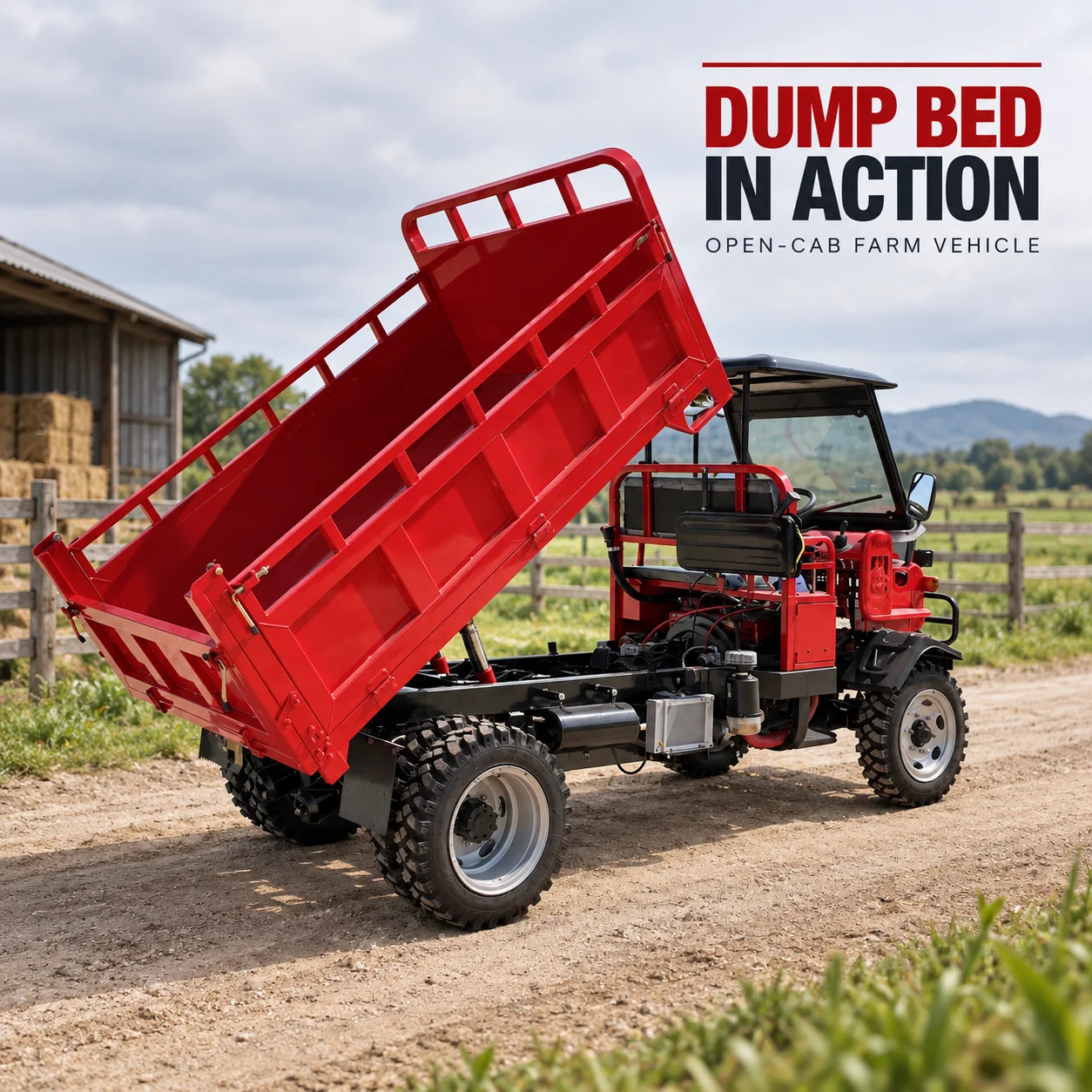 Agricultural Tipping Truck with Black Canopy and Red Hydraulic Bed for Orchard Work