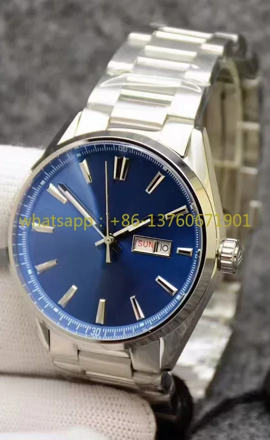 Luxury New Men Automatic Mechanical Watch Stainless Steel Black Blue Day-date Sapphire Glass Back Leather Wristwatch 41mm