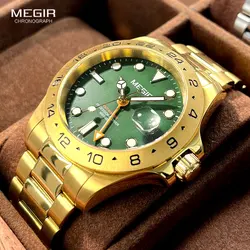 MEGIR Gold Green Dress Watch Men Stainless Steel 5ATM Waterproof  Analog Quartz Wristwatch with Auto Date 24-hour Pointer 8404