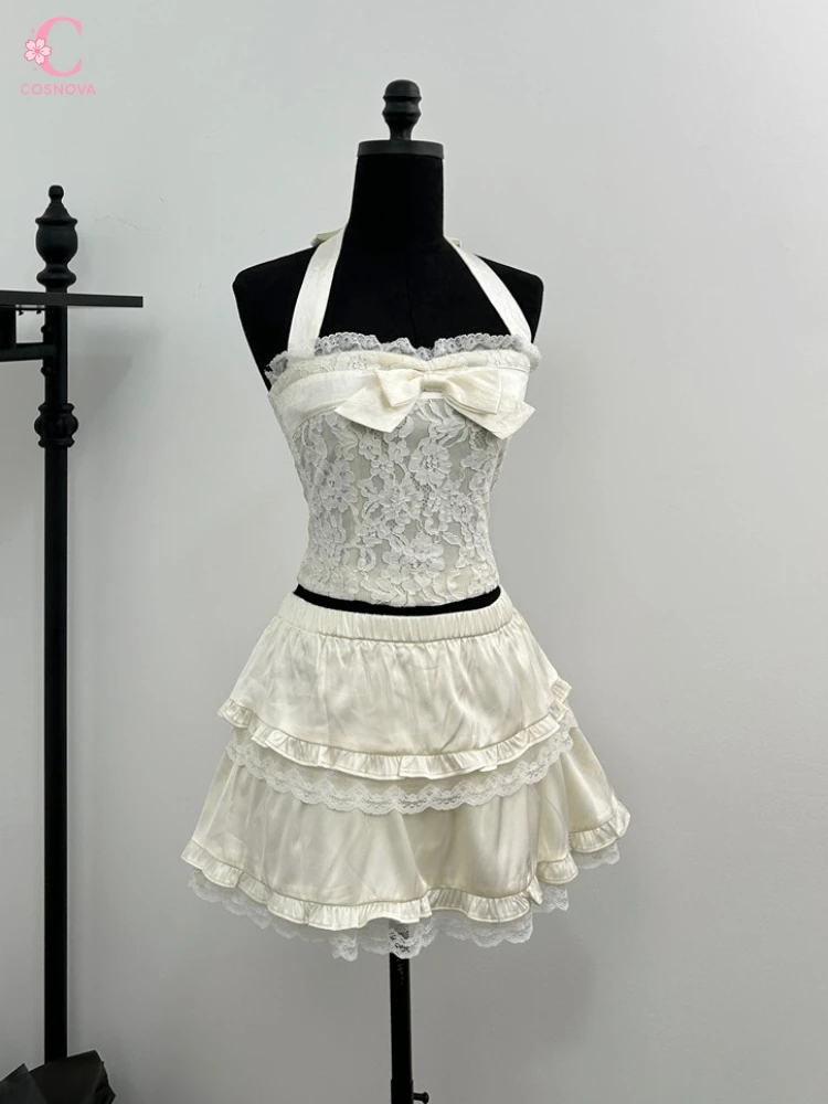 

Французский винтажный комплект: топ-халтер из ацетатного кружева и многослойная мини-юбка с оборками в стиле Y2K Harajuku. Шикарный ретро-образ для женщин.