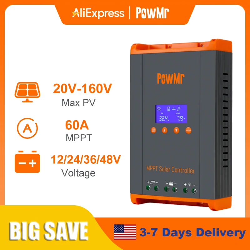 PowMr MPPT 60A Solar Charge Controller 12V 24V 36V 48V Auto Solar Panels Regulator Parallel Up 12 Units For Lead Acid Lithium LiFePO4 Battery