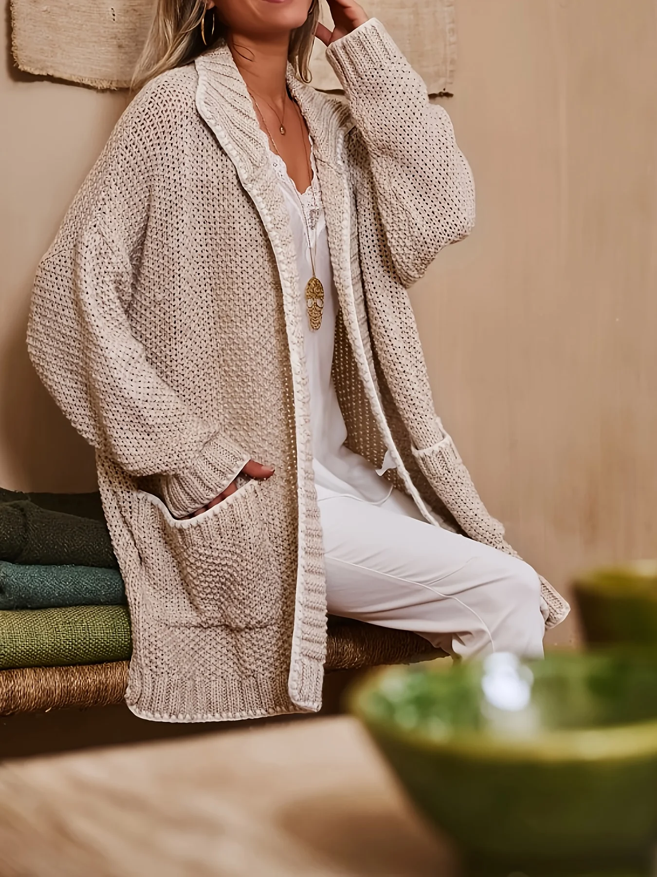 

Women’s mid-length knitwear big pocket rough knitting simple casual sweater coat
