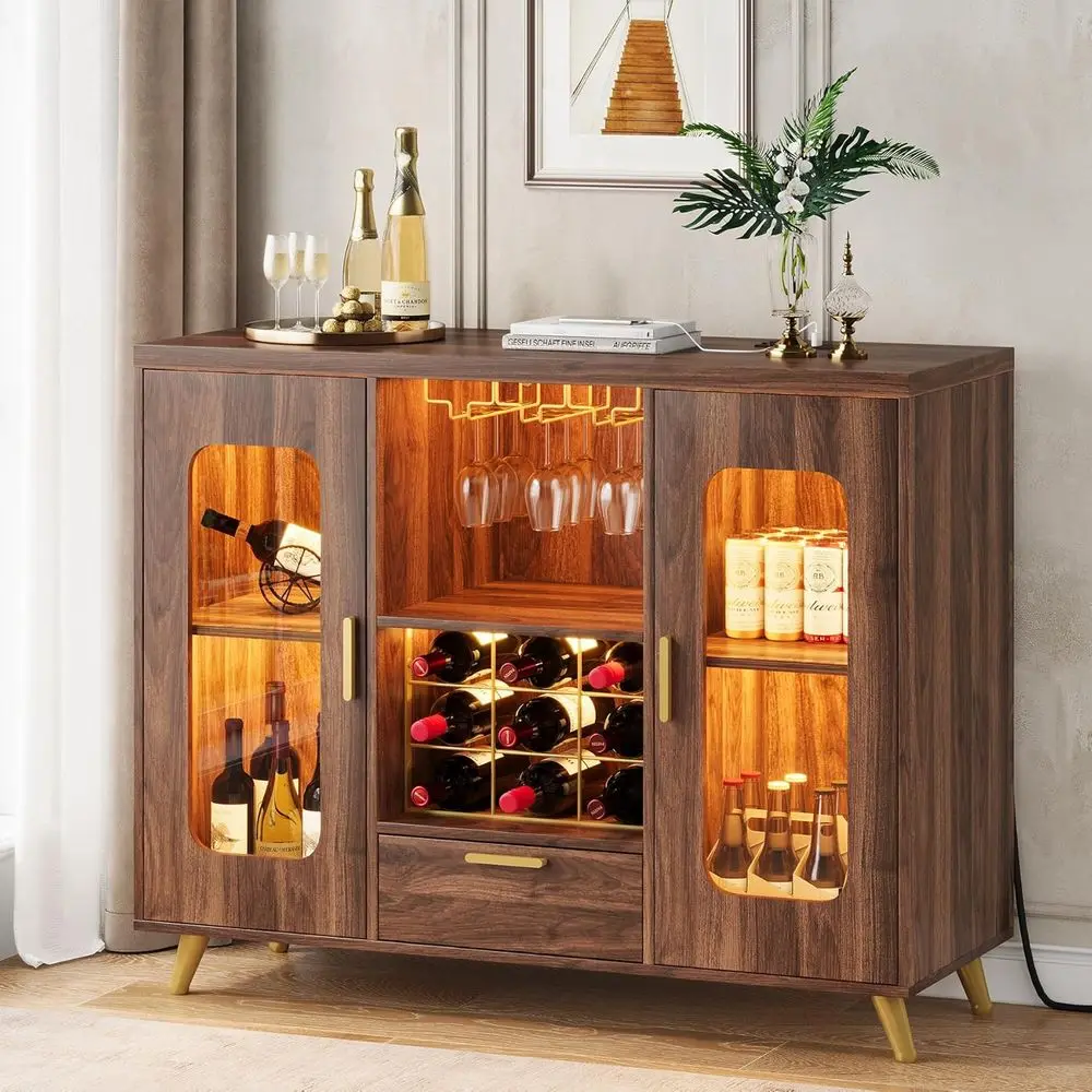 

Walnut Liquor Cabinet with LED Lighting, Wine Rack, and Glass Holder