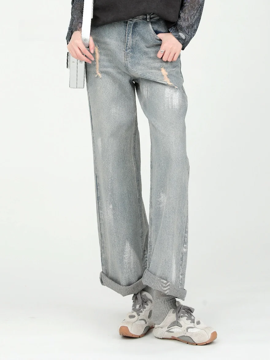 

New 2026 Spring Summer High Waist Wide Leg Denim Women's Pants Knife Torn Hole Design Slimming Long Jeans by Delaniza