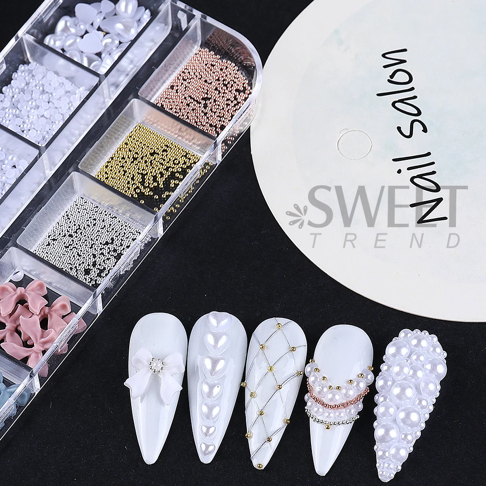 12Grids Bow 3D Nail Art Decorations White Pearls Nail Charms Designs DIY Pink Bowknot Steel ball Nail Parts Manicure Accessorie