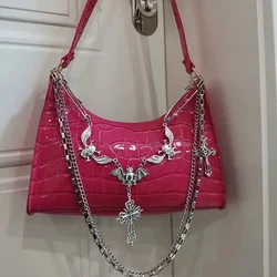 Y2K Gothic Skull & Cross Chain Handbag - Punk Style Faux Leather small Shoulder Bag for Women, Zip Closure