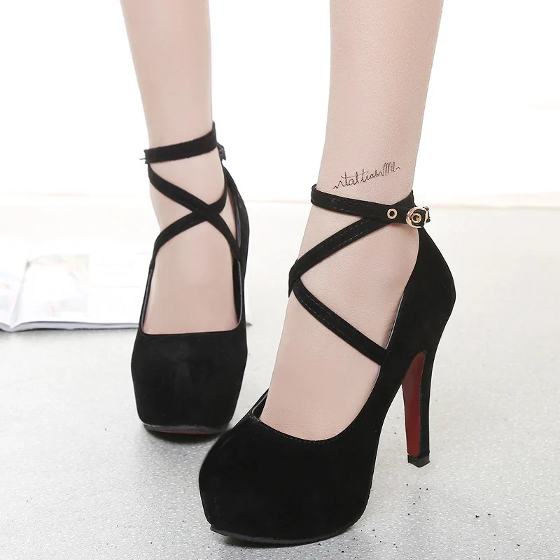 2026 Suede Cross Ankle Strap Red Sole Stiletto Pumps 11cm Platform Shoes for Women Round Toe Party Wedding High Heel Dress Shoes view 3