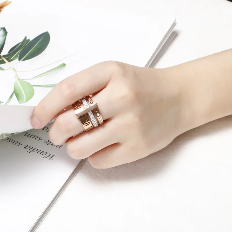 Shiny Zircon Roman Alphabet Three Layers Rings For Women Girl Muticolor Stainless Steel Women\'s Ring Party Wedding Jewelry Gifts