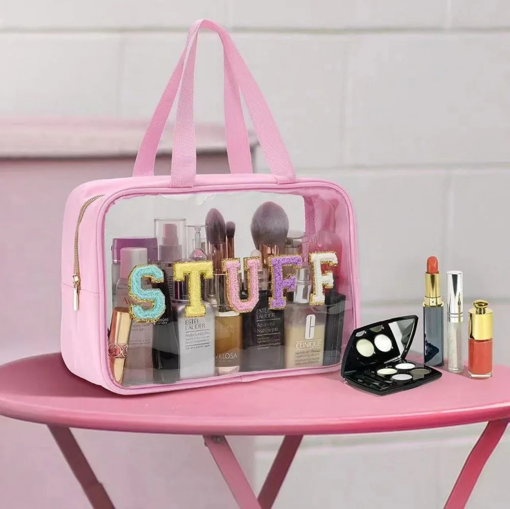 Transparent PVC makeup bag with embroidered letters, large-capacity waterproof travel storage bag, stylish portable cosmetic org
