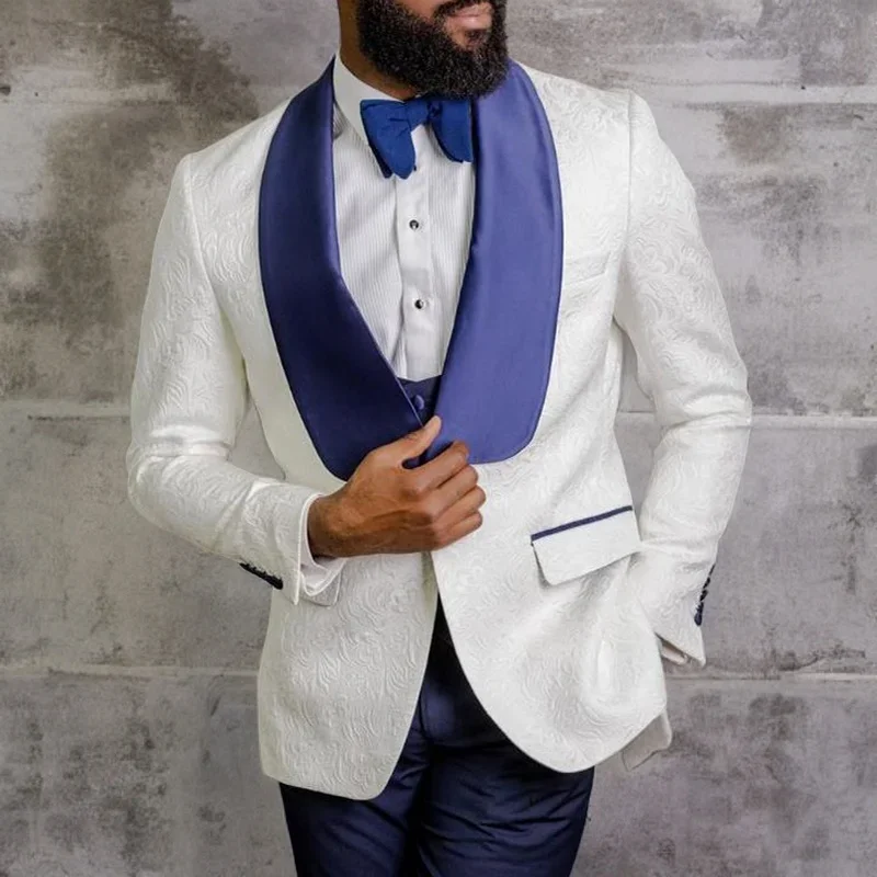 

Blue Shawl Lapel Slim Fit Men's Suits for Wedding White Floral Groom Tuxedo 3 Pieces Blazer with Pants and Vest