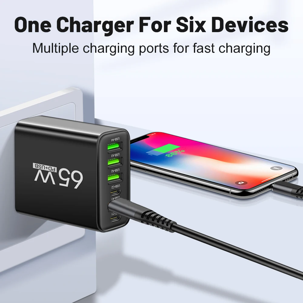 Łączna ładowarka ścienna 65 W 6 w 1 4 USB 2 typu C do szybkiego ładowania iPhone Samsung Xiaomi Huawei Oppo Adapter do telefonu komórkowego