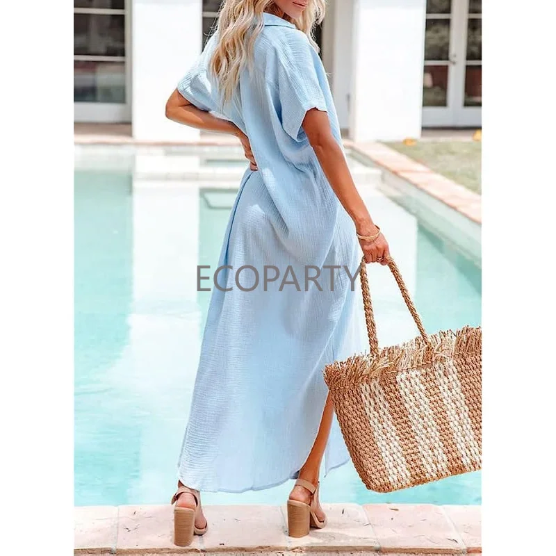 Womens Daily Fashion Solid Color Casual Short Sleeve Side Split Button Long Cardigans Shirt Dress Swimsuit Cover Ups Beach Dress