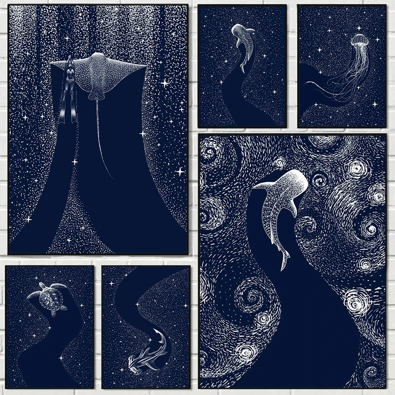 (2D Canvas Painting)  Nordic Cosmic Ocean Animals Poster Starry Jellyfish Turtle Whale Canvas Painting Wall Art Picture for L