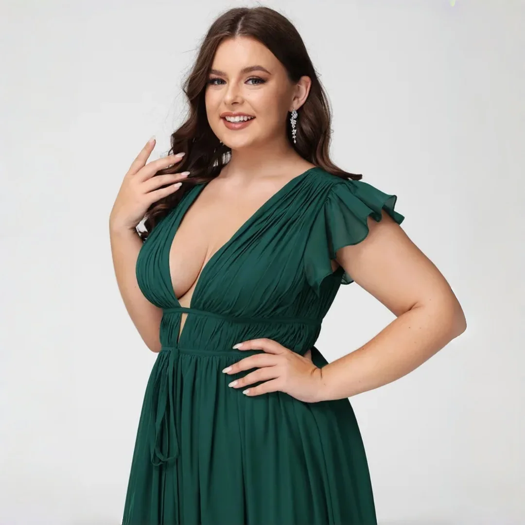 emerald-green-plus-size-chiffon-bridesmaid-dresses-deep-v-neck-flutter-short-sleeves-drawstring-waist-high-slit-a-line-gown