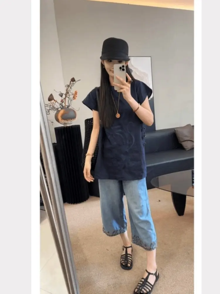 

Весна 2026: Новая женская футболка с коротким рукавом в китайском стиле, модный национальный тренд, повседневный свободный крой, защита от УФ-излучения