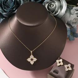 Women Fashion Trendy Sweet Copper Zircon Shell Flower Deisgn Pendant Necklace Earring Set Party Wedding Jewelry Set Accessory