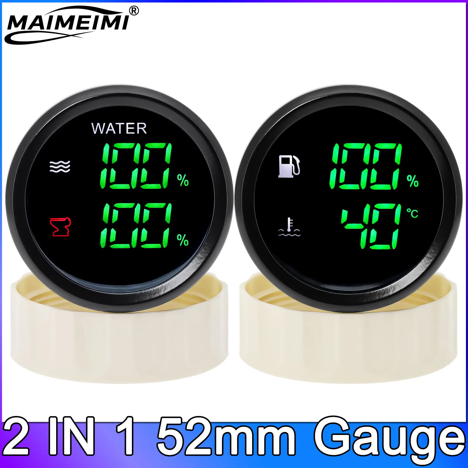 52mm 2in1 Gauge Digital Fuel Level Water Level Gauge With Alarm Water Temp Holding Tank Level Gauge Voltmeter for Car Boat Yach