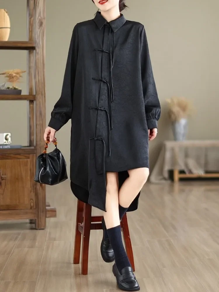 oversized vintage zwart met lange mouwen nieuw in jurken voor dames casual losse midi lente herfst shirtjurk elegante kleding 2025